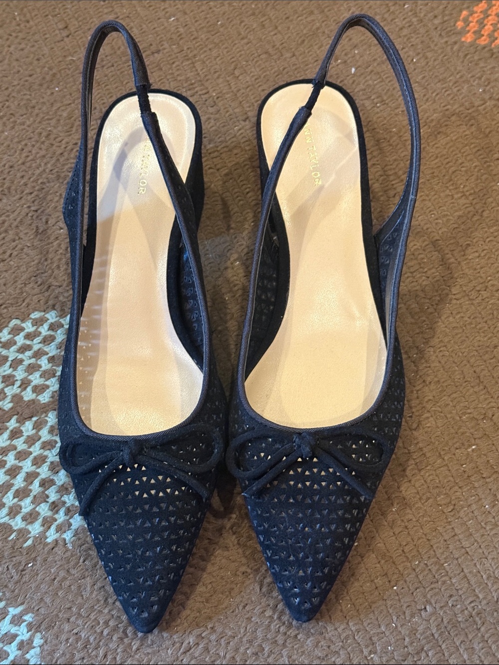 NEW - Never Worn Ann Taylor Black Suede Perforated Pointed Slingback Flats